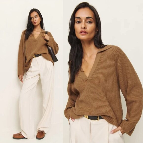NWT Reformation Esther Cashmere Blend Oversized Polo in Camel Size Small - Picture 1 of 7
